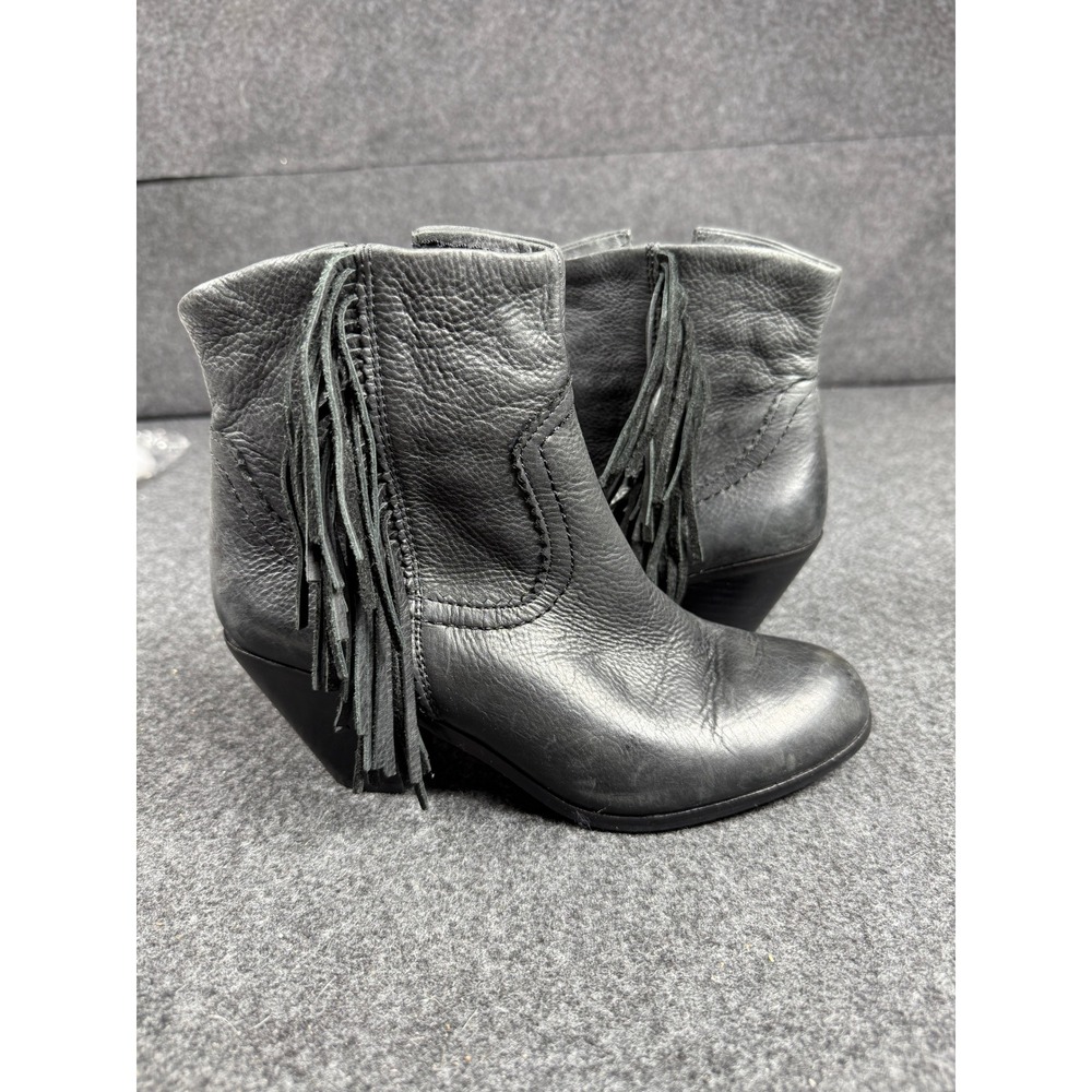 Sam Edelman Fringe Ankle Boots Womens Size 7.5 Black Leather‎ Wedge Heel